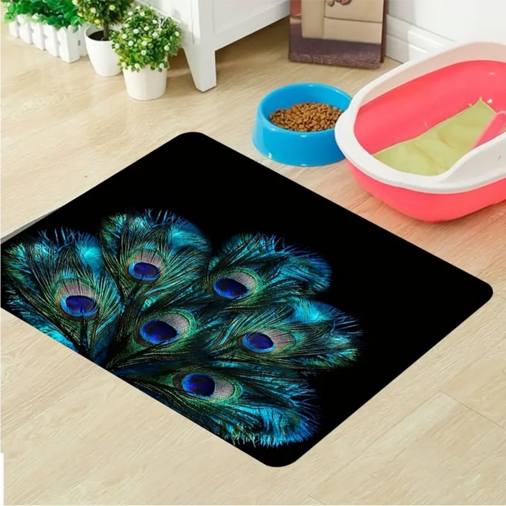 Peacock Feather Themed Black Mat Rug (NWT), Small